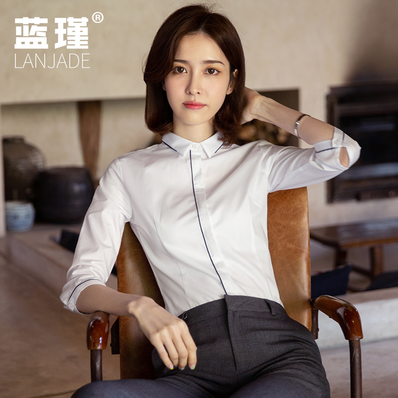 Shirt women's 2021 spring new seven-point sleeve waist coat white shirt long version professional overalls frock ol