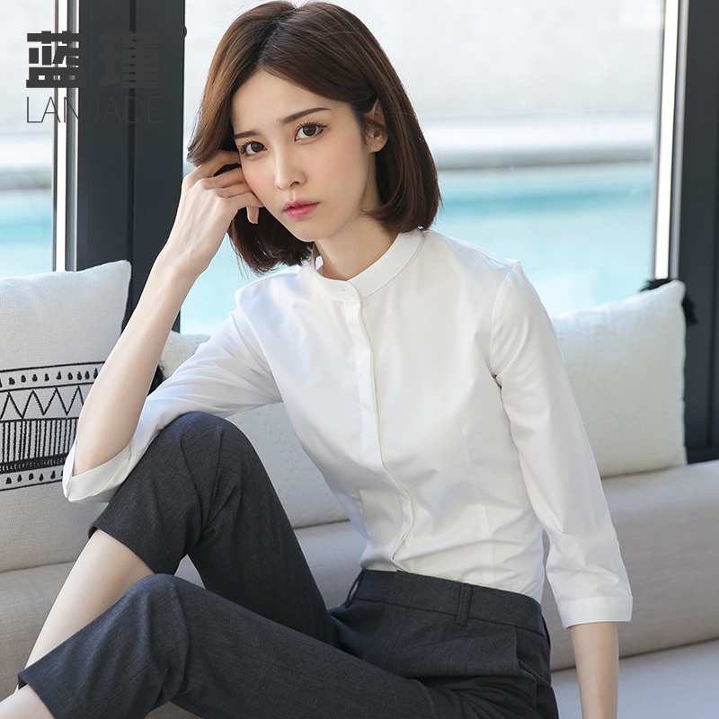 White Stand-Up Collar Three-Quarter Sleeve Shirt for Women, Designer Niche Top, 2026 Round Neck Professional Formal Interview White Shirt