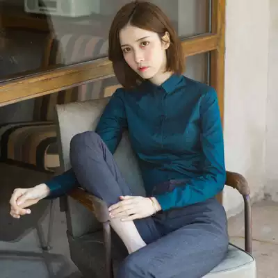 Dark green shirt women's autumn collar top long sleeve professional dress shirt temperament waist bottom work clothes Cotton