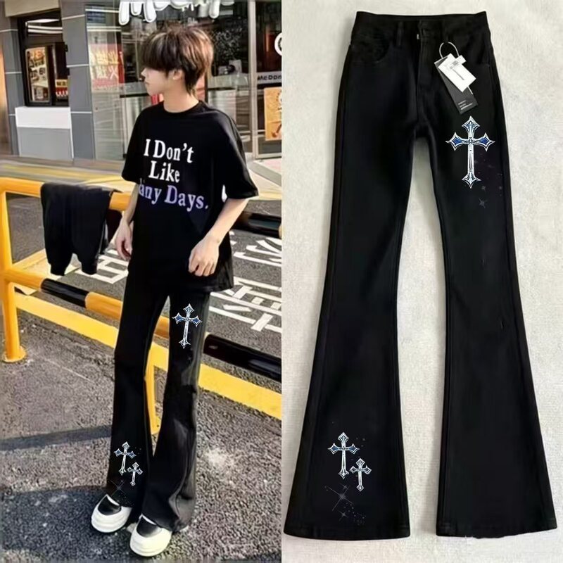 Light Luxury National Trend Cross Print Jeans for Men and Women, New Autumn Style American Fashion Versatile Flared Long Pants