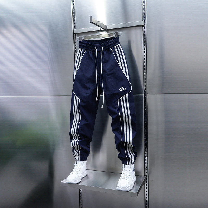 High Street Style Jogger Casual Pants for Men, Summer Trendy Brand Three-Stripe Sports Pants, Thin Patchwork Quick-Dry Slim-Fit Pants