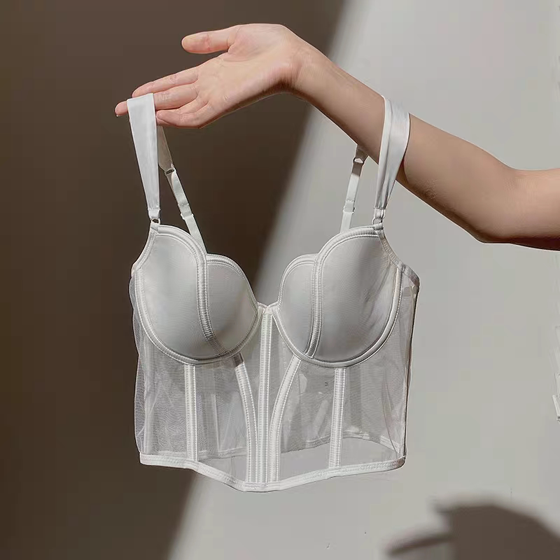 Summer Thin Fishbone Mesh Patchwork Pure Desire Bralette Lingerie Vest Sexy Shapewear Push-Up French Long-Style Set