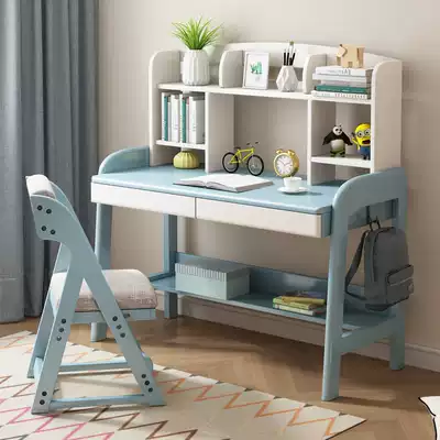 Solid wood desk with bookshelf table and chair set simple lifting Primary School students writing desk home children's learning table