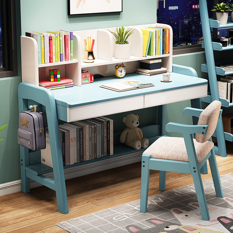 Solid Wood Desk Bookshelf Integrated Home Girl Bedroom Children Lift Learning Table And Chairs Suit Desk Computer Desk