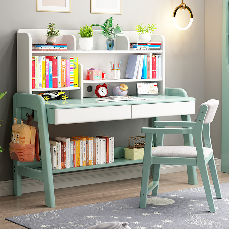 Eye Care Green Children Learn Table And Chairs Suit Male Girl Household Solid Wood Desk Student Can Lift Class Table Log