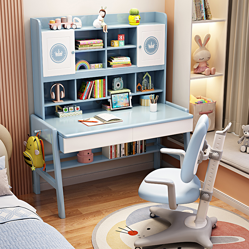 Children desk bookcase integrated student can lift solid wood learning table junior high school home used book table and chairs suit