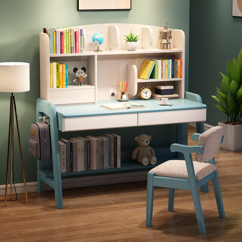 Solid wood desk bookshelf integrated home can lift the student writing desk and chair set small apartment children's learning desk
