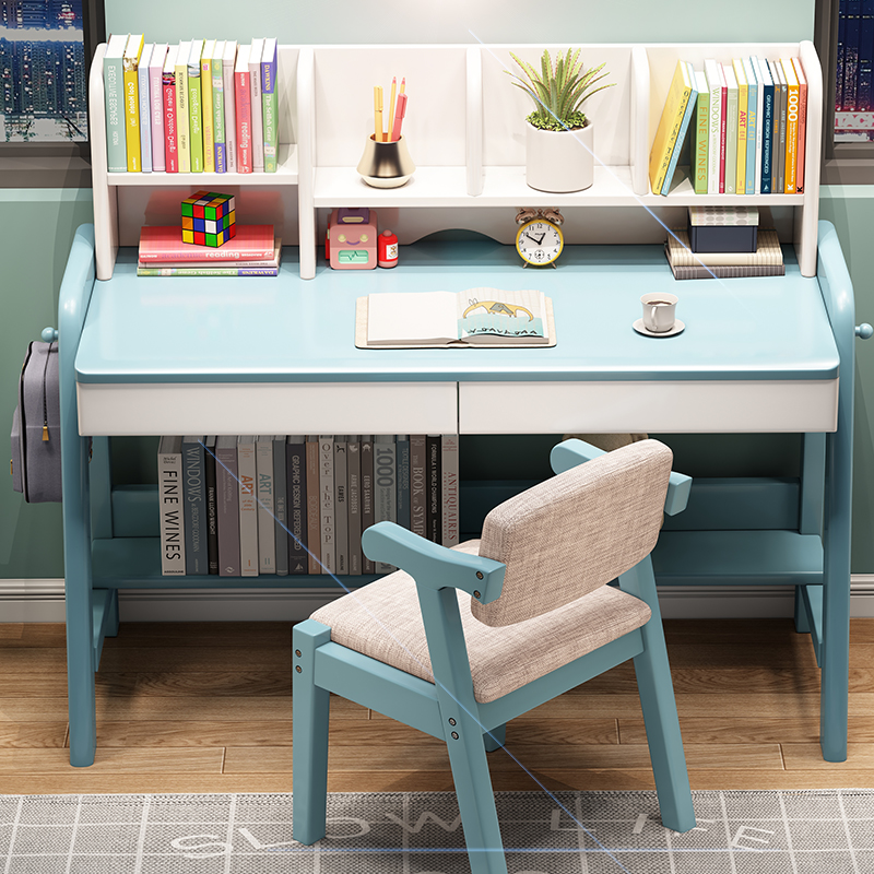 Solid wood student desk bookshelf computer integrated table children male and female children's bedroom study table chair suit liftable