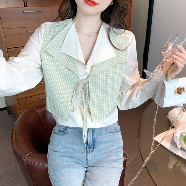 European Lapel Fake Two-piece Chiffon Shirt 2023 Spring and Autumn New Fashion Plaid Stitching Long-sleeved Top Ladies