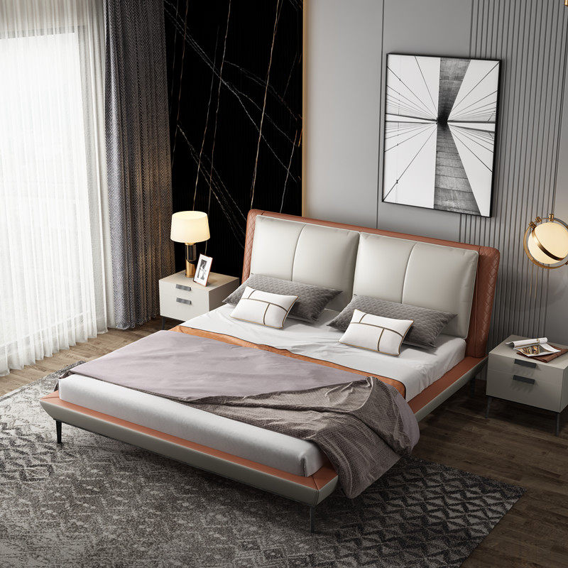 Italian light luxury leather bed modern minimalist solid wood bed Nordic big bed can be customized 2 2 wedding soft bed double