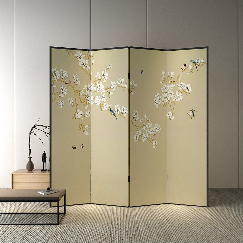 Chinese Style Solid Wood Folding Flowers Bird Screen Partition Xuanguan Modern Brief Fashion Living Room Tea Room Hotel Bedroom Fabric