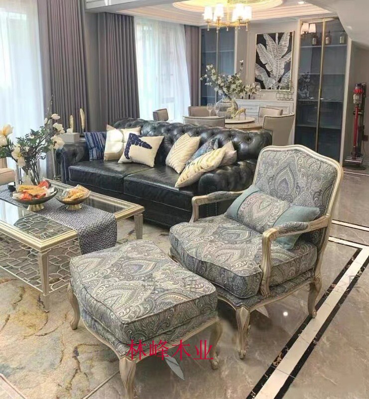 American-Style Light Luxury Retro Solid Wood Living Room Sofa Chair, French-Style Retro Tiger Chair, Embroidered Fabric Leisure Chair Sofa
