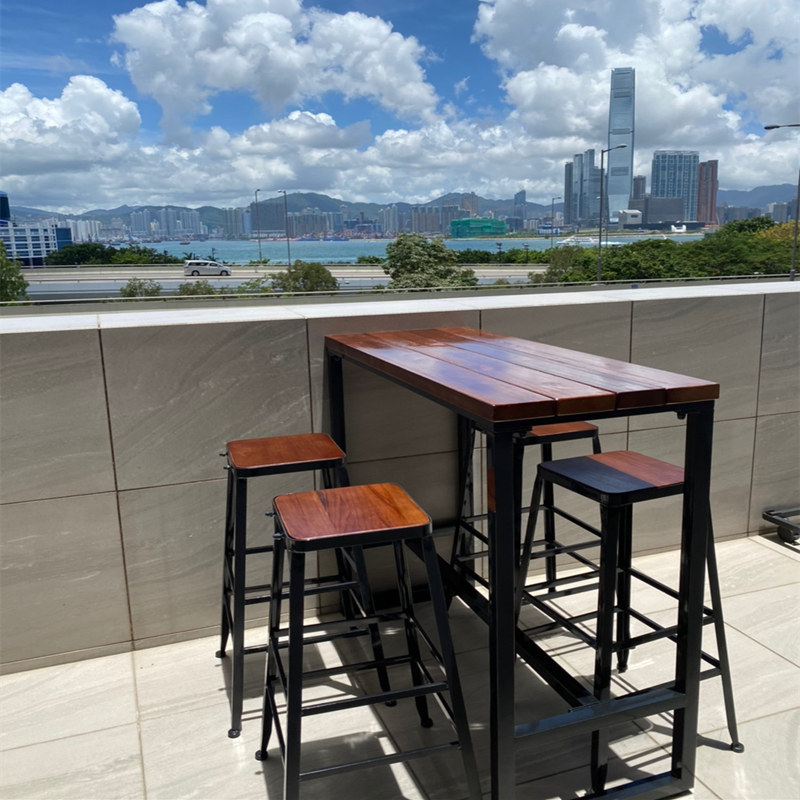 Bar table and chair combination modern simple casual high foot wood made old café milk tea shop long tall and narrow table window