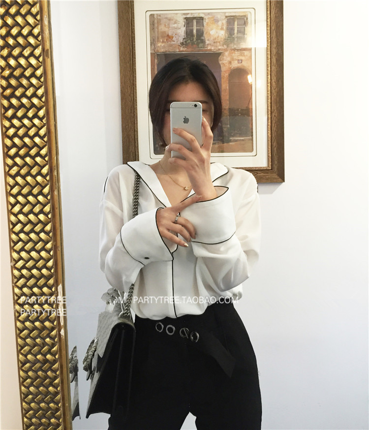Dongdaemun mùa thu đông đồ ngủ gió cổ chữ V màu tương phản tay áo mỏng áo rộng size áo trắng đen và áo sơ mi trắng béo MM mẫu áo sơ mi nữ đẹp