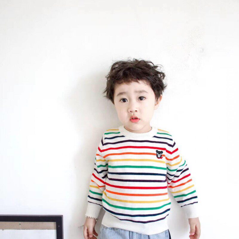 (Joe's) Spring and Autumn New Products Boys and Girls Rainbow Striped Knitted Pullover Children's Cotton Thread Thin Knitted Sweater