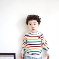 (Qiao) Spring and Autumn New Women and Boys Rainbow Striped Knitted Pullover Childrens Cotton Thread Thin Knitted Sweater