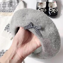Qiao Baos autumn and winter New Girl bow wool beret female baby cute gray cap cap