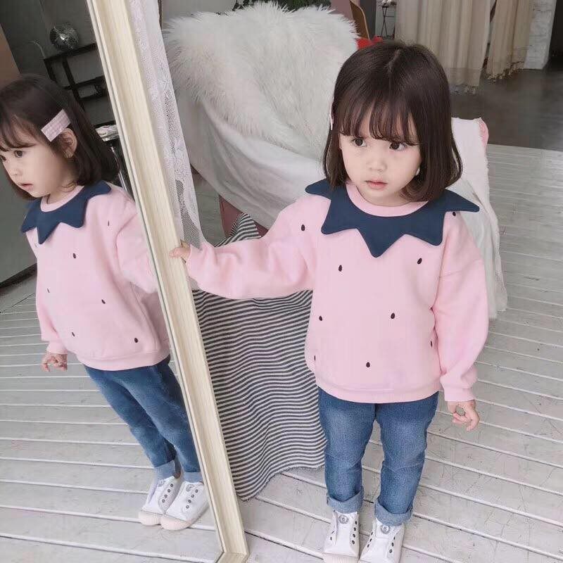 (Joe home) autumn and winter new products male and female child lotus leaf collar pink grip velvet strawberry styling sleeve head casual blouse