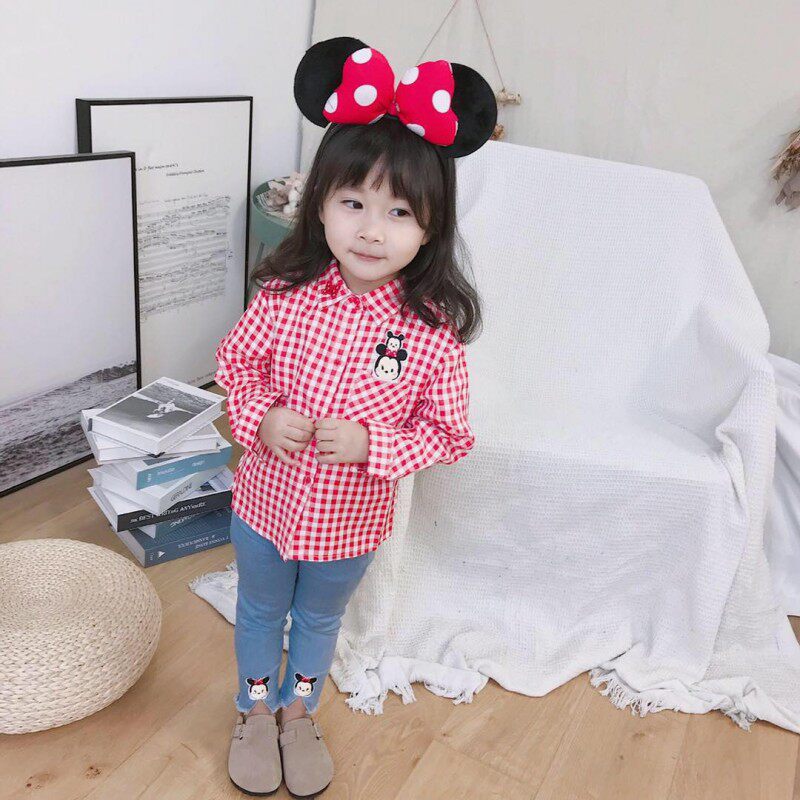 Qiao Baojia Spring and Autumn New Products Girls Cotton Plaid Lapel Shirts Children's Neck Bow Embroidered Tops