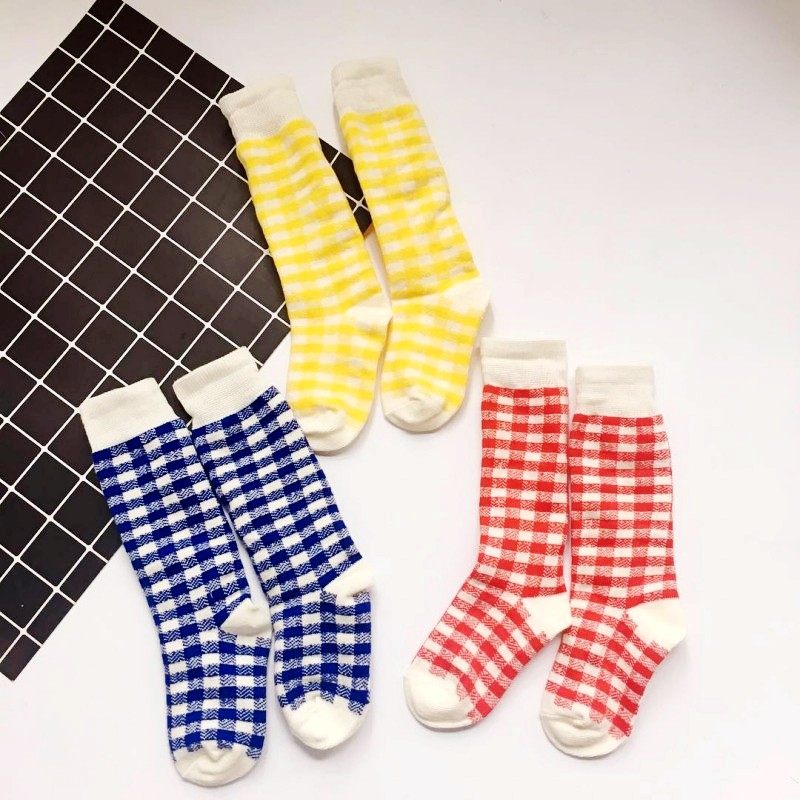 (Qiao's) Xia Xin men's and women's cotton plaid socks children's British style three-color lattice thin half-tube socks