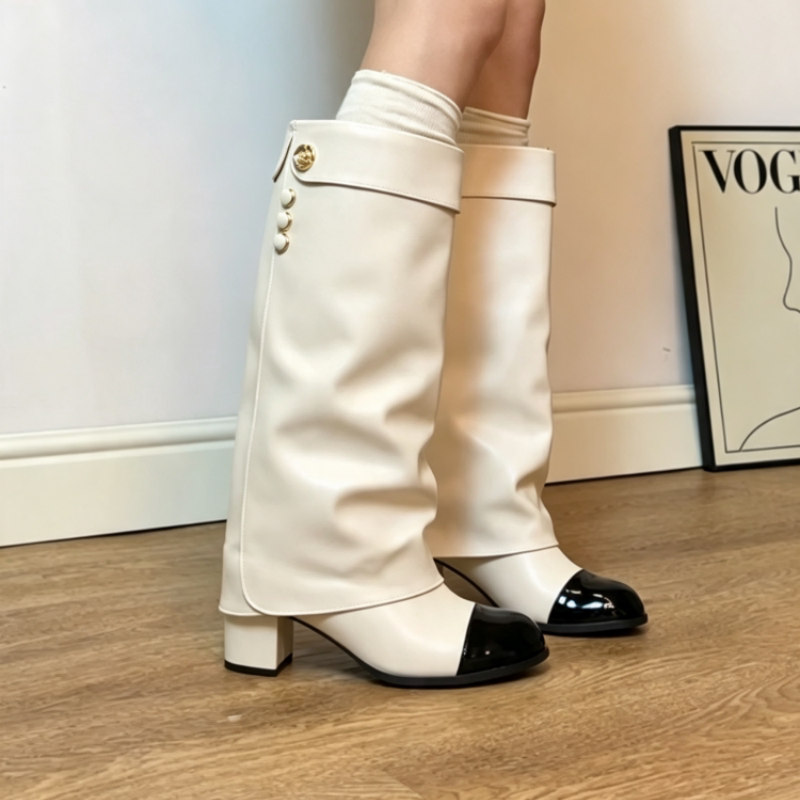 Cowhide Version ~6Cm Height-Increasing Chunky Heel Chanel-Style Color-Blocked Riding Boots Casual Design High-End High-Heeled Long Boots for Women Cowhide Version ~6Cm Height-Increasing Chunky Heel Chanel-Style Color-Blocked Riding Boots Casual Design High-End High-Heeled Long Boots for Women