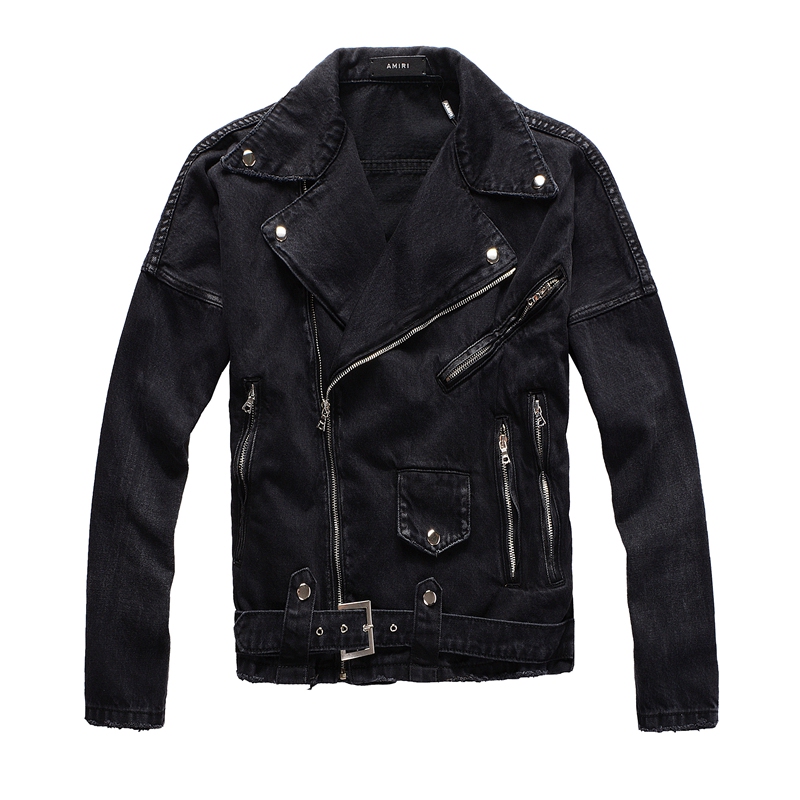 Autumn and Winter New High Street Fashion Brand Amr Thickened Punk Diagonal Zipper Personalized Slim-Fit Black Denim Jacket