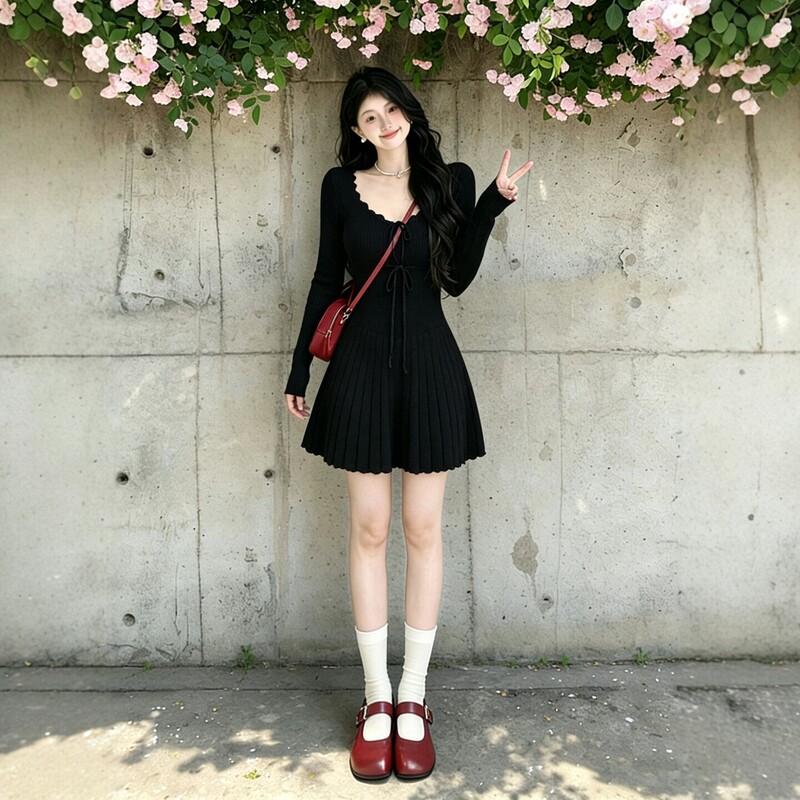 Hepburn-Style High-End Knitted Dress for Women, Long-Sleeved, 2026 Autumn New French-Style Slim-Fit A-Line Short Dress