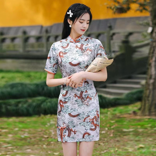 2023春夏新款仿花罗短款旗袍连衣裙日常穿三分袖女年轻款修身