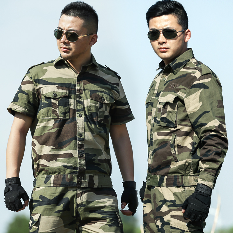 Army green short-sleeved camouflage suit men's spring and summer wear-resistant cotton thin half-sleeved military fan overalls