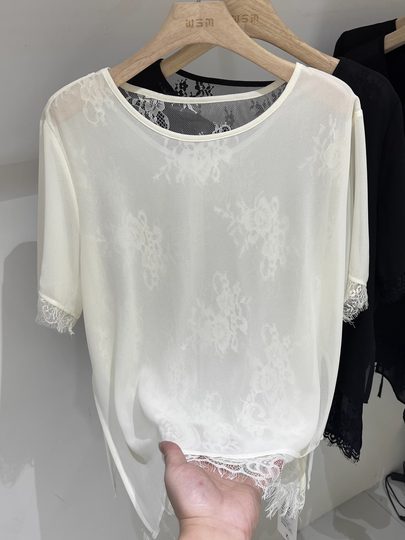 轻薄款蕾丝拼接开叉钉珠短袖雪纺衫女2025夏季新款甜美打底衫上衣