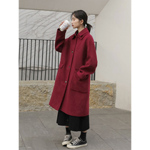  (Clearance non-returnable)Red bean croissant retro red wool coat womens medium and long winter wool coat