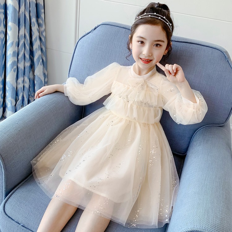 Next long girl's dress 2022 spring new middle and big children's long-sleeved children's foreign style small fragrant wind gauze skirt
