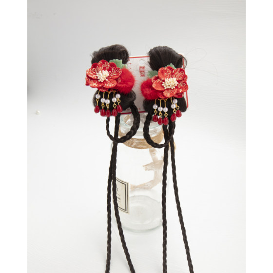 新年女童汉服头饰花朵假发辫发夹儿童古风中秋节发饰头花流苏对夹