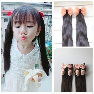 Children's girls wig headdress bow COS straight hair Chinese New Year hairpin JIAFA ancient costume Hanfu performance hair accessories