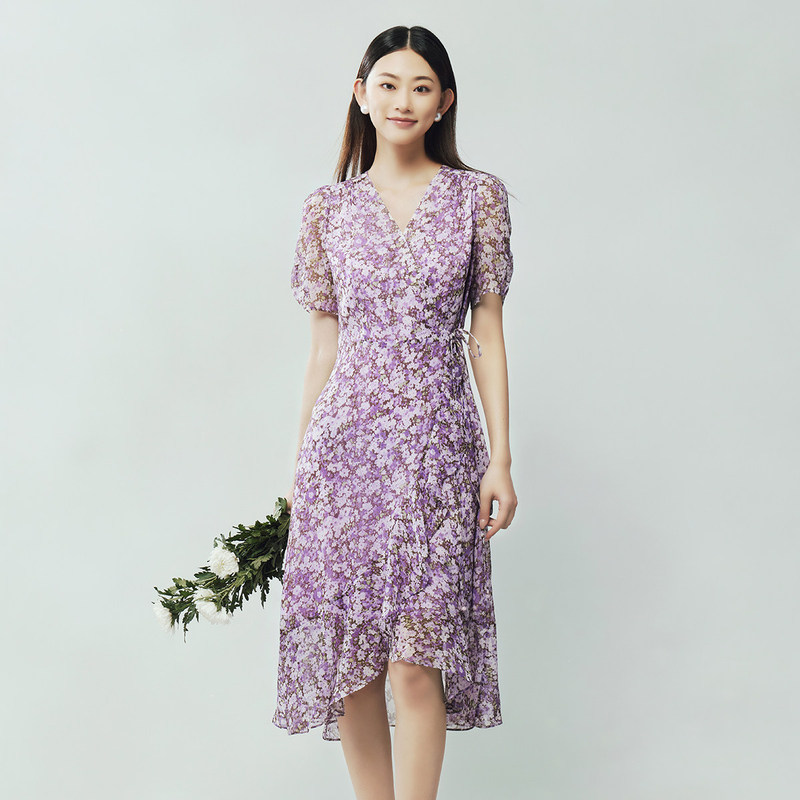 Goudi's New Summer Fashion Printed Elegant V-Neck Waist-Slimming Light Purple Dress 3F21L1291 Goudi's New Summer Fashion Printed Elegant V-Neck Waist-Slimming Light Purple Dress 3F21L1291