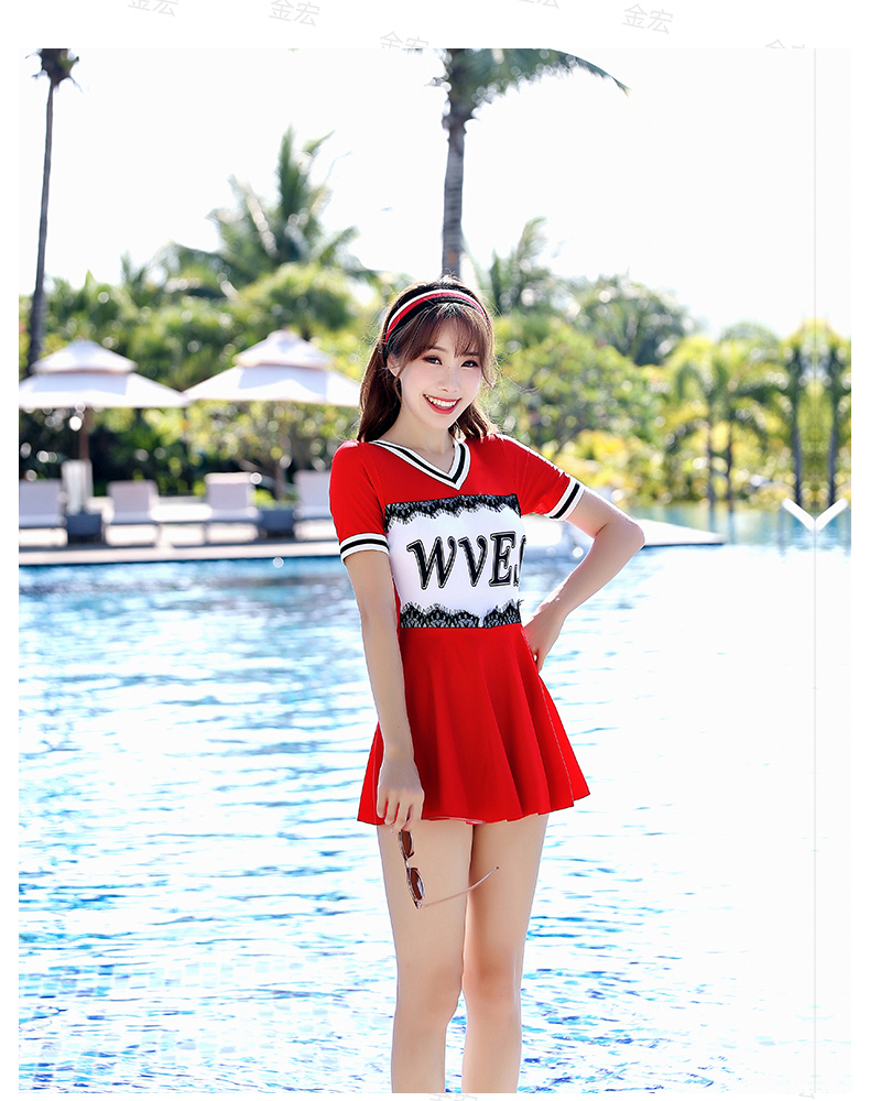 Áo tắm sinh viên Jin Hong nữ bảo thủ một mảnh kiểu váy bụng giảm béo phẳng kích thước lớn áo tắm ngắn tay Hàn Quốc - Bộ đồ bơi One Piece đồ bơi 1 mảnh dáng váy