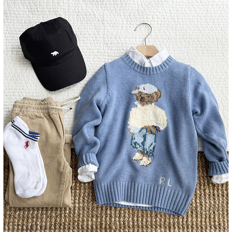 Heavyweight~ Little Bear Floral Blue Handmade Sweater for Boys, Medium and Large Children's Clothing, Can Be Worn by Parents and Children