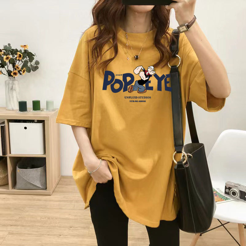 Korean Style Brushed Thickened Pure Cotton Short-Sleeve T-Shirt for Women, Spring and Autumn Round Neck Mid-Length Top, Loose Fit, Slimming, Versatile Half-Sleeve