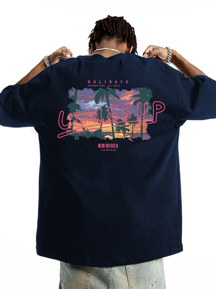 Wassup Sunset Color Block Printed Short-Sleeved T-Shirt for Men and Women 2025 Summer New Style Personalized Trendy Brand Half-Sleeved Top