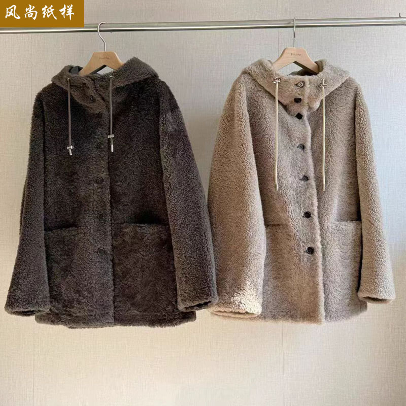 Q160 Clothing Pattern Autumn and Winter Fashion Loose Hooded Women's Mid-Length Thickened Lamb Wool Coat Cutting and Pattern Making