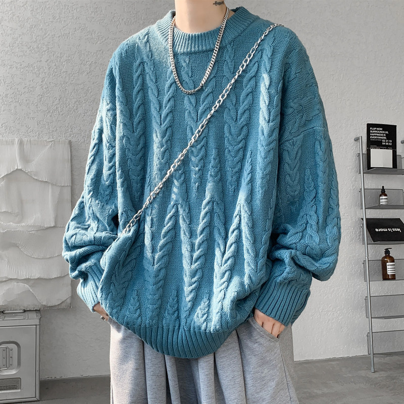 ins Twist Pattern Pullover Sweater for Men, Autumn and Winter, Plus Size, Trendy, Loose Fit, Cool Knitwear for Big and Tall Men