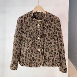 Nalanxun NO ກັບຄືນຄ່າຂົນສົ່ງ, leopard ພິມ 78% wool woolen edge jacket ຄໍຮອບສໍາລັບແມ່ຍິງ HY