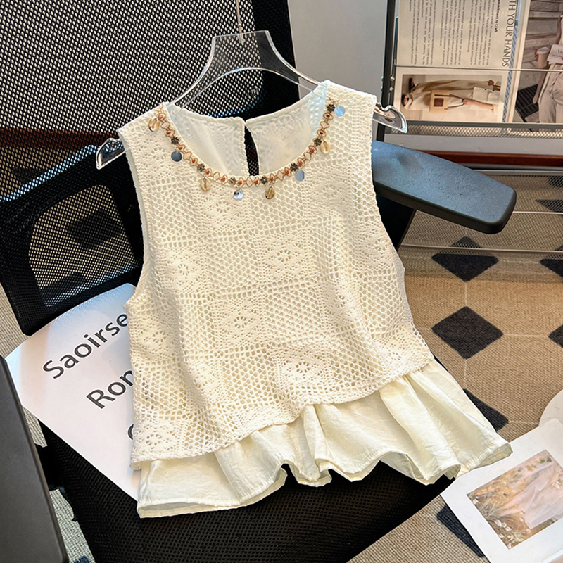 Brand Discount 2025 Summer New Ethnic Style Sleeveless Shirt for Women, Fake Two-Piece Patchwork Hollow-Out Vest Top