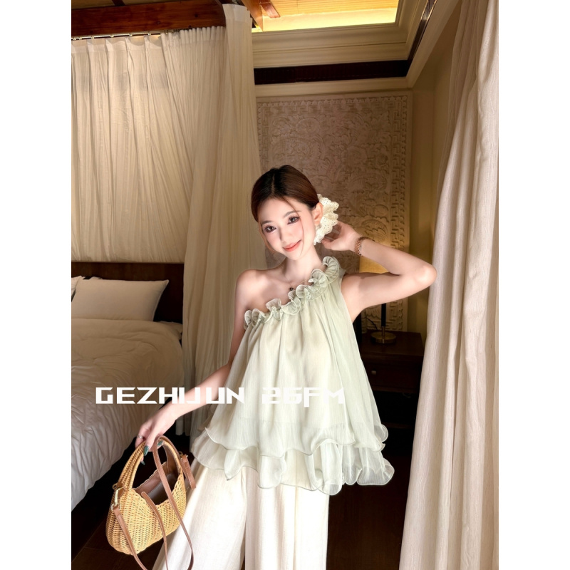 Gezijun French-Style Sweet Lace Collar Off-Shoulder Sleeveless Vest Top for Women, Summer Ruffled Super Pretty Blouse