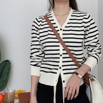 HALO BBING homemade 2021 new classic black and white striped V-neck soft waxy long sleeve knitted cardigan coat