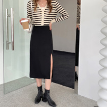 HALO BBING black skirt slit A- line dress high waist slim cover cross-versatile hanging Medium-length dress