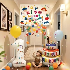 Birthday Decoration Scene Setup with Pull-String Balloons, Rain Background Cloth, Boys and Girls First Birthday Ceremony Decoration Atmosphere Setup