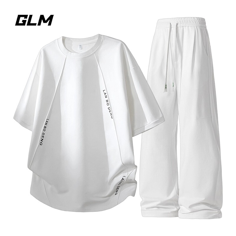Glm Official Authentic Summer Round-Neck Short-Sleeved Casual Sports Men's Suit Loose and Fashionable Two-Piece Set White