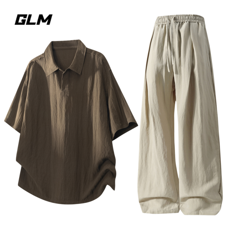 Glm Official Authentic Retro Tencel Linen Casual Sports Complete Set Men's Summer Old Money Style High-End Suit