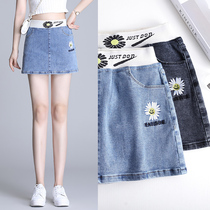 Loose Tight Waist Denim Shorts Skirt Woman 2022 Summer Elastic Thin Light Color High Waist Embroidered Flowers Half Body Wrap Hip Skirt